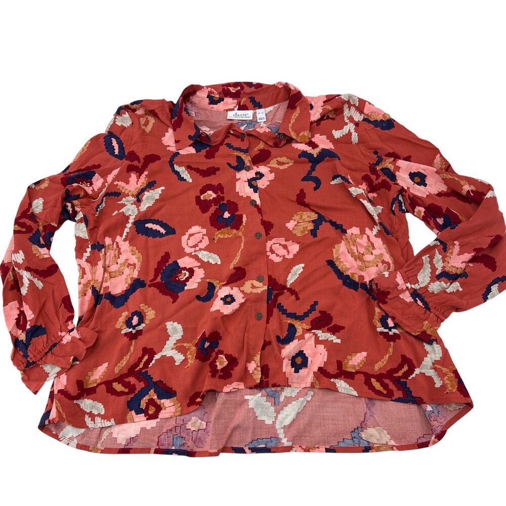 D&Co.‎ Canyon Retreat Womens Floral Button-Up Shirt XL Viscose Rust Pink Navy